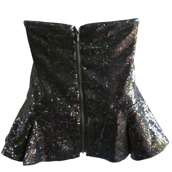 Bebe Sequin Bustier Top Black Underwire Boning Pleated Peplum Full Zip Back L - Picture 2 of 8